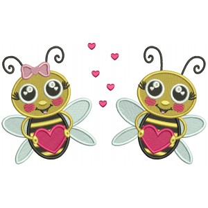Boy And a Girl Bee Holding Hearts Valentine's Day Filled Machine Embroidery Design Digitized Pattern